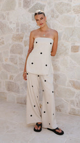 Kailani Strapless Top and Pants Set - Oatmeal / Black Polka Dot