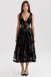 Sianna-Black Embroidered Tulle Corset Midi Dress
