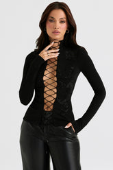 Lori-Black Crystallised Lace Up Top