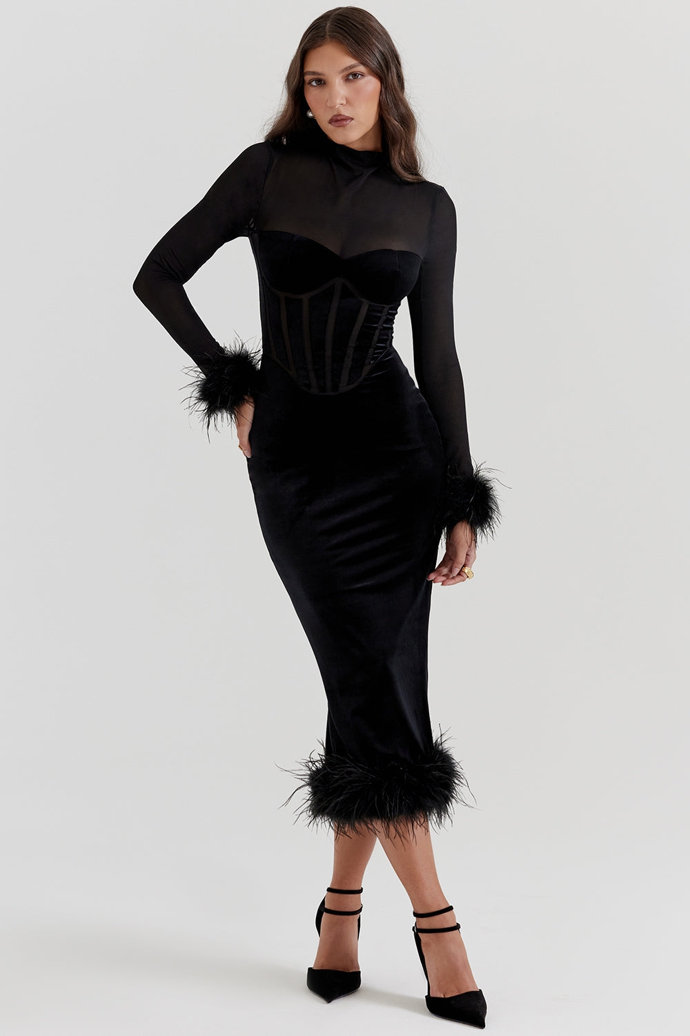 Lianna-Black Velvet Midi Dress