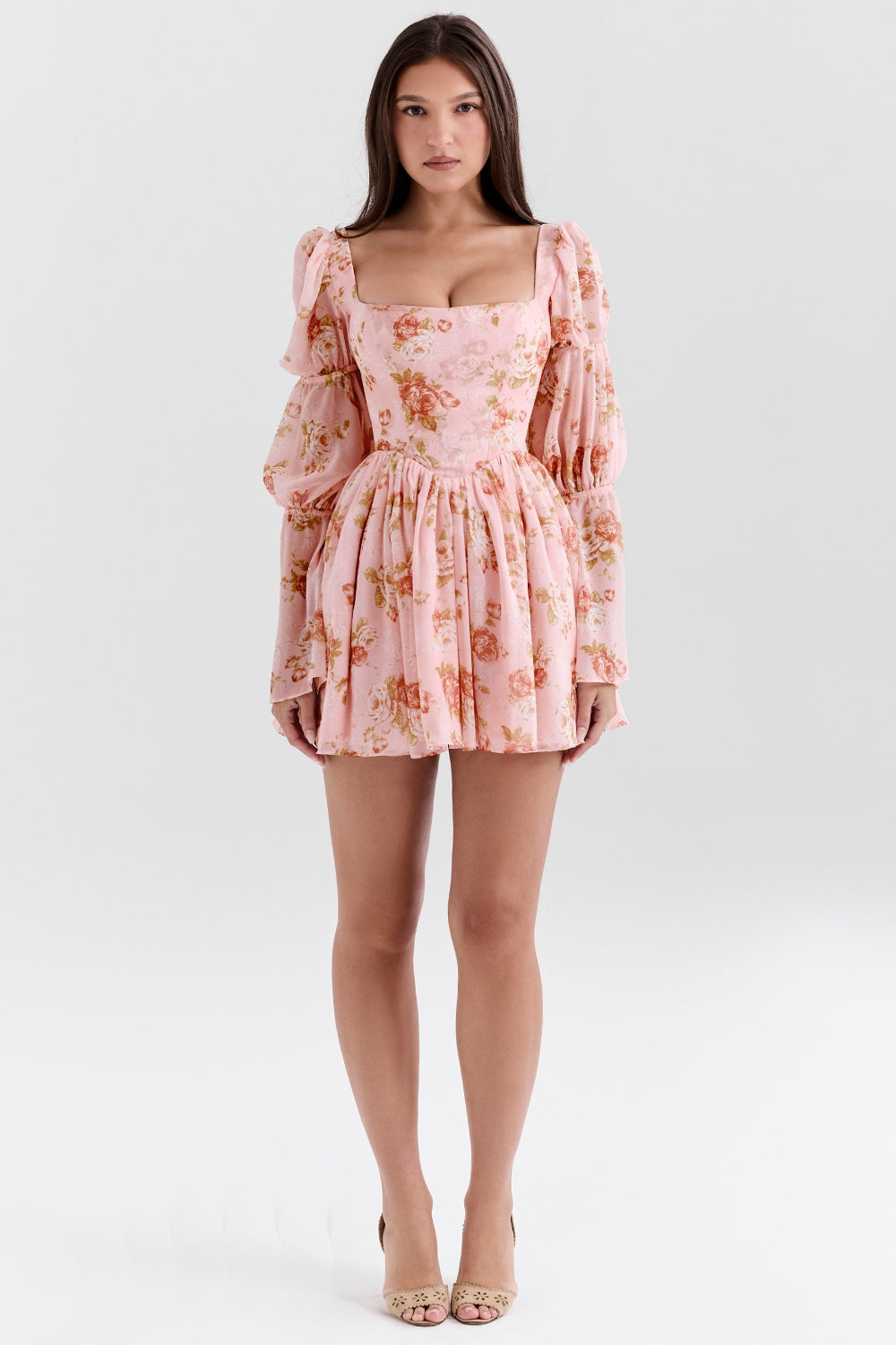 Sancia-English Vintage Rose Print Puff Sleeve Mini Dress