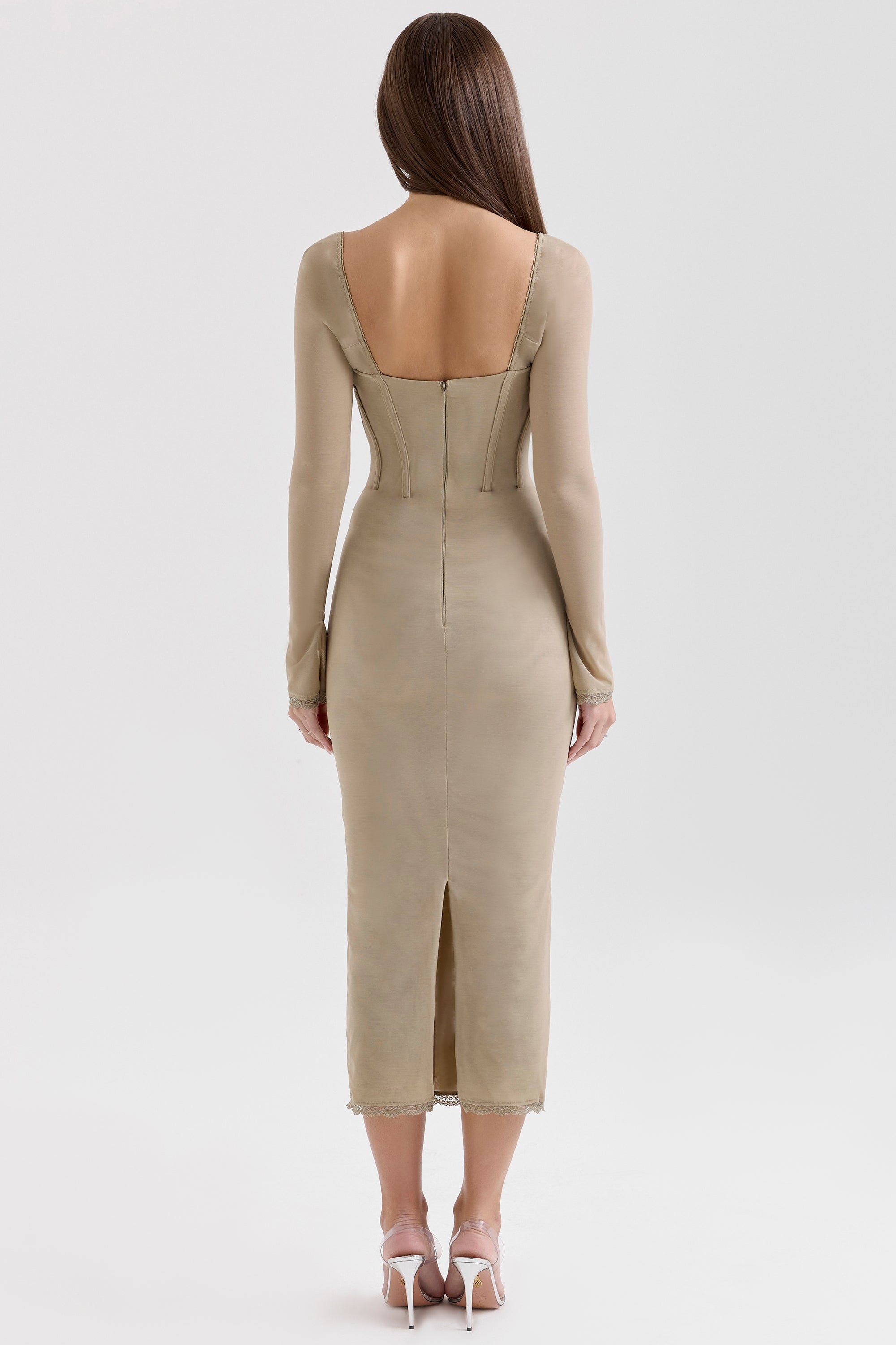 Saisha-Beige Mesh Long Sleeve Bodycon Midi Dress
