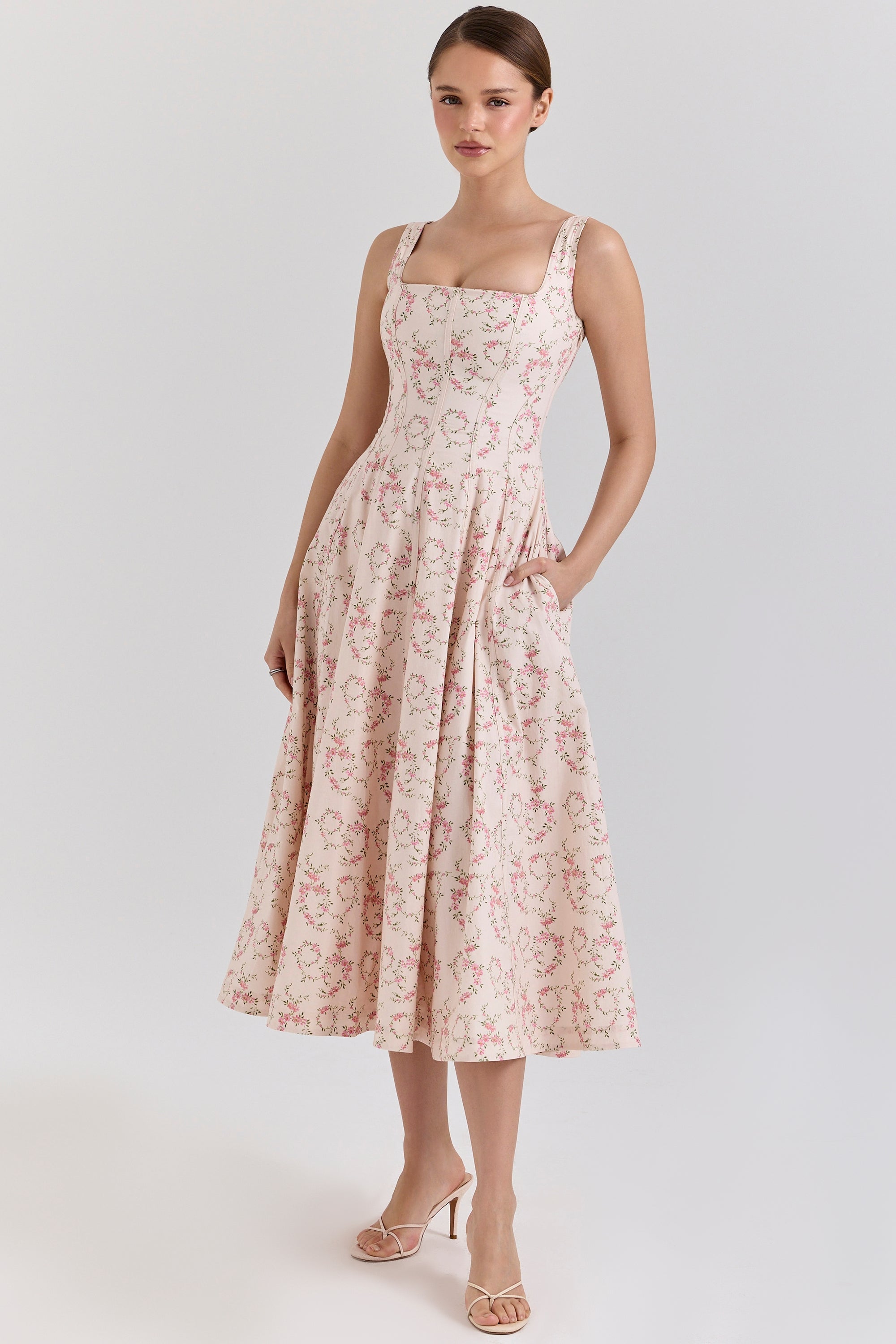 Mariabella-Cream Floral Print Cotton Midi Sun Dress