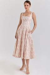 Mariabella-Cream Floral Print Cotton Midi Sun Dress