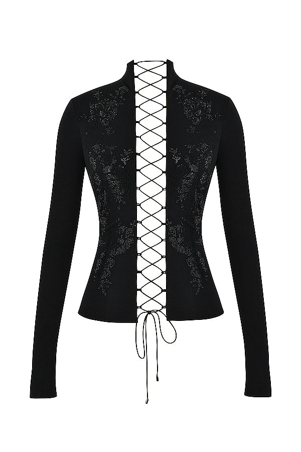 Lori-Black Crystallised Lace Up Top