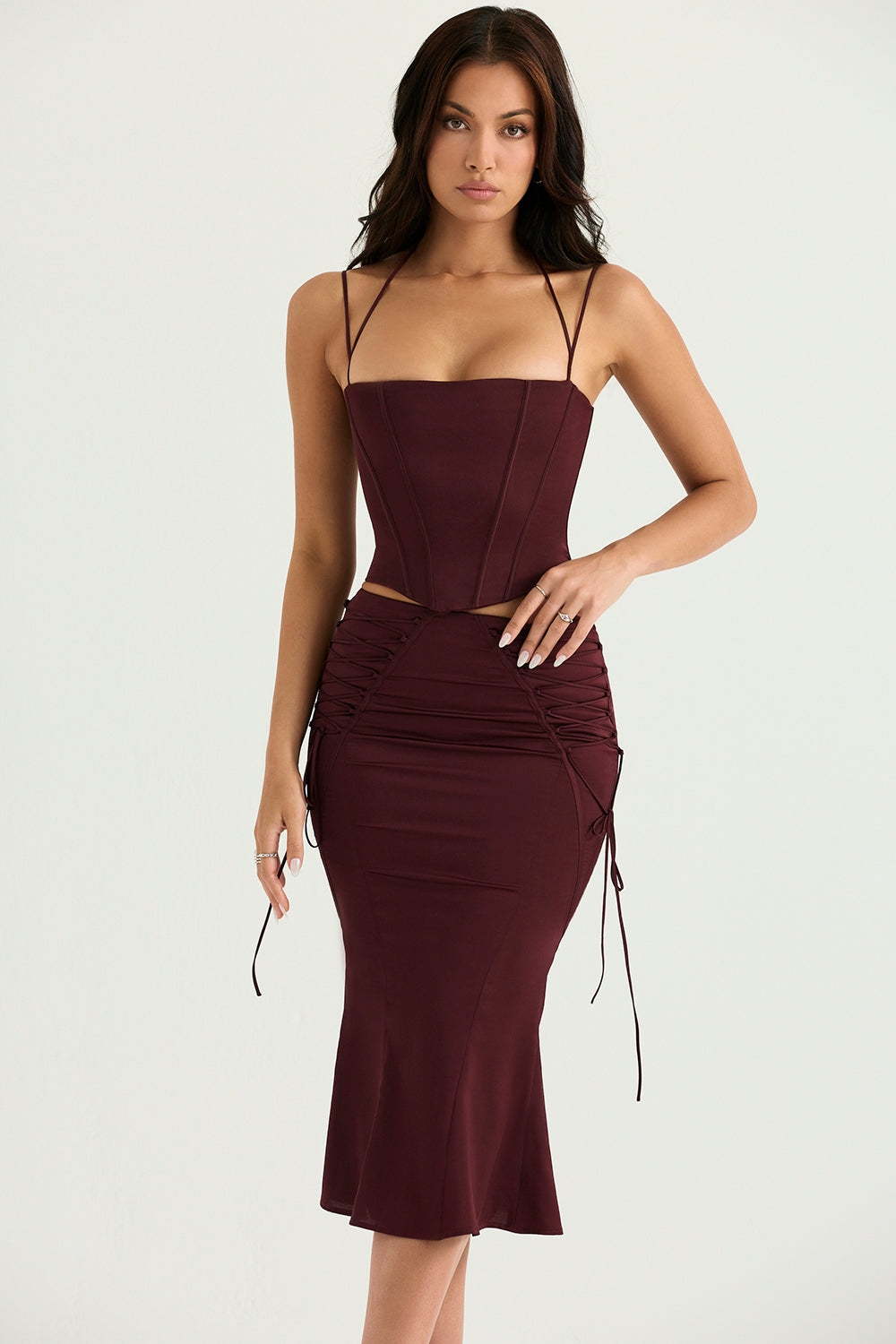 Sidonie-Wine Satin Lace Up Midi Skirt