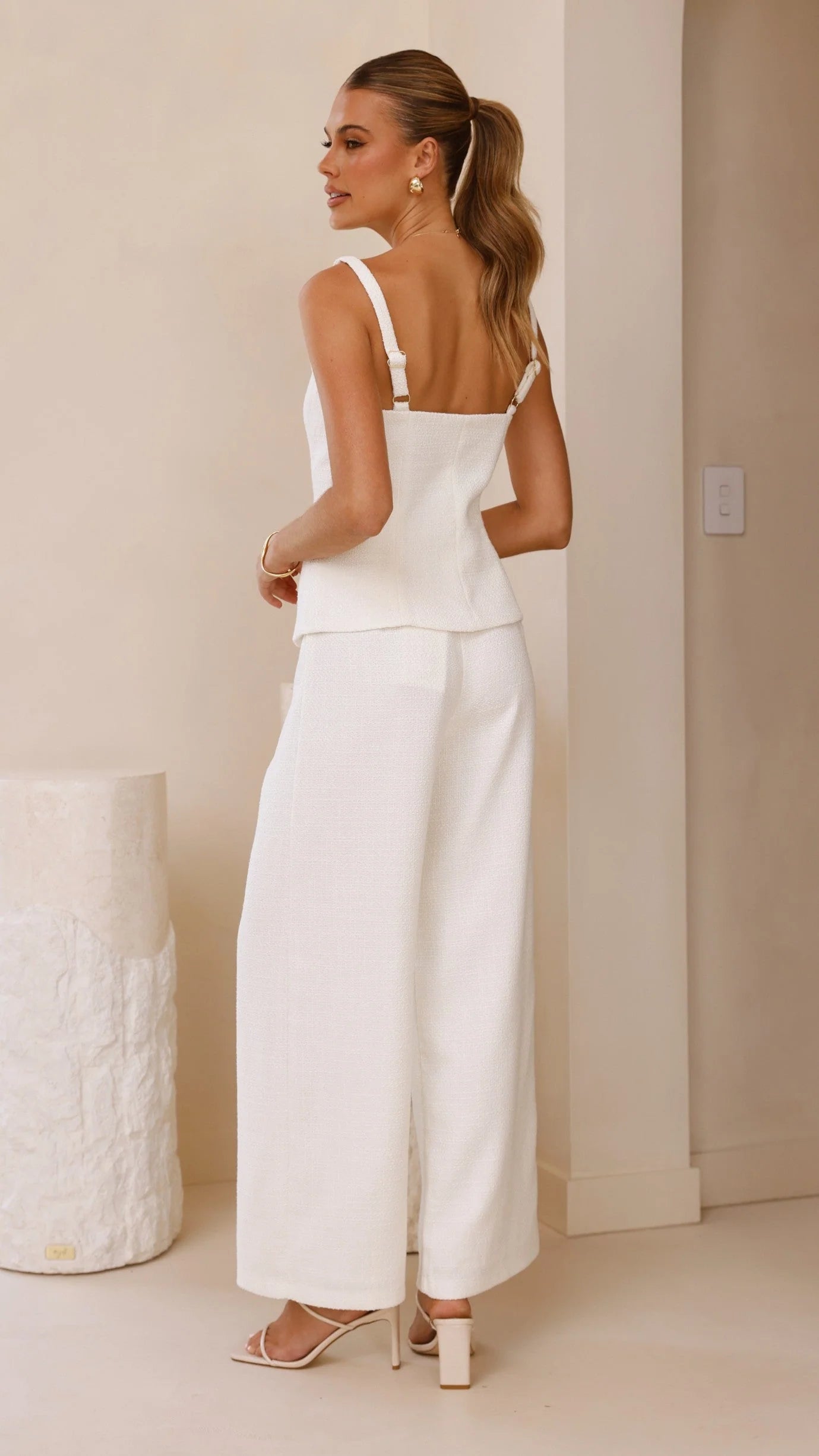 Karrina Tweed Button Up Vest and Pants Set - White
