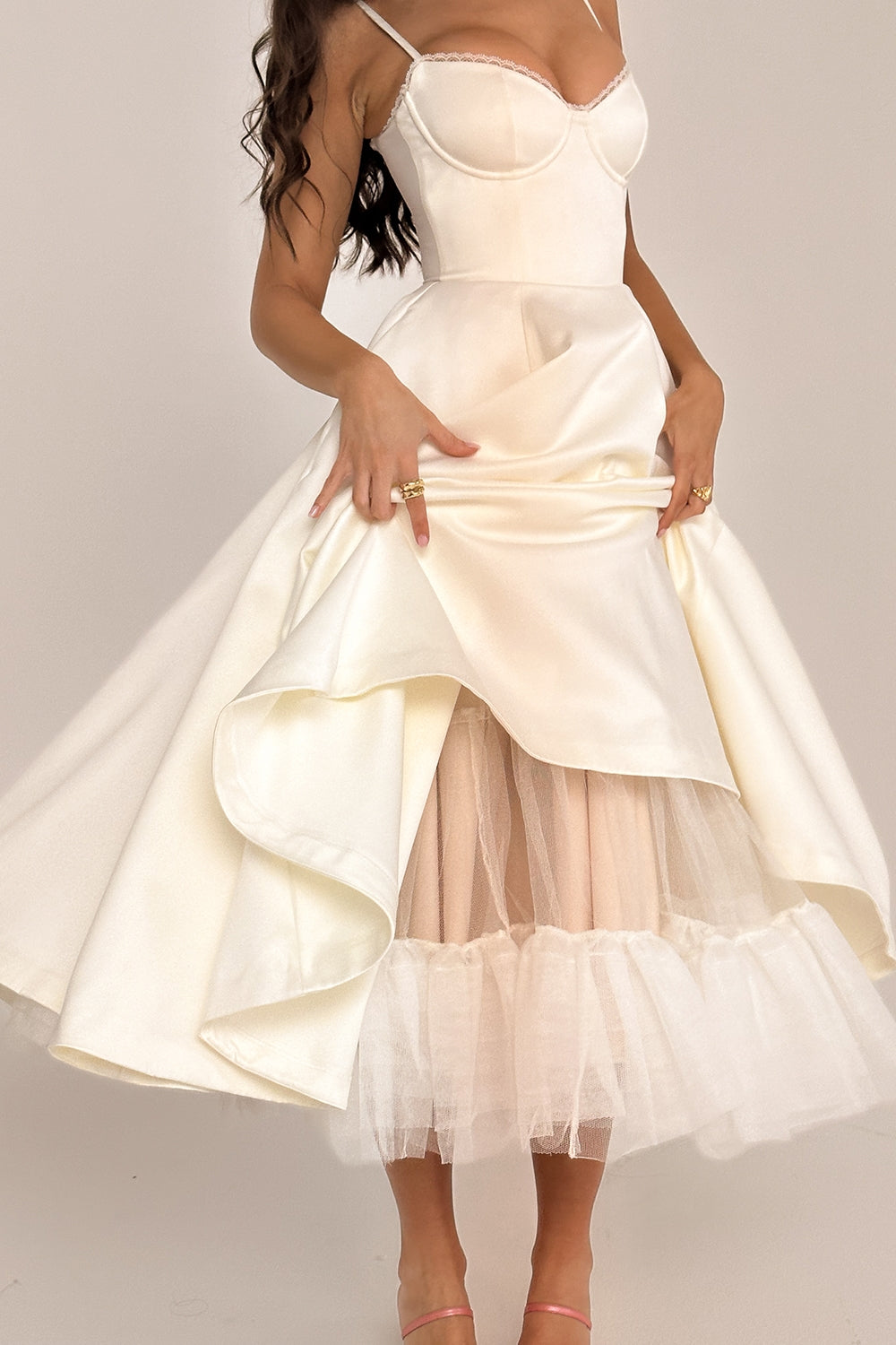 Mademoiselle-White Tulle Midi Dress