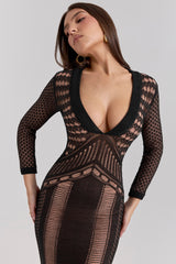 Loula-Black Plunge Open Knit Midi Dress - SALE