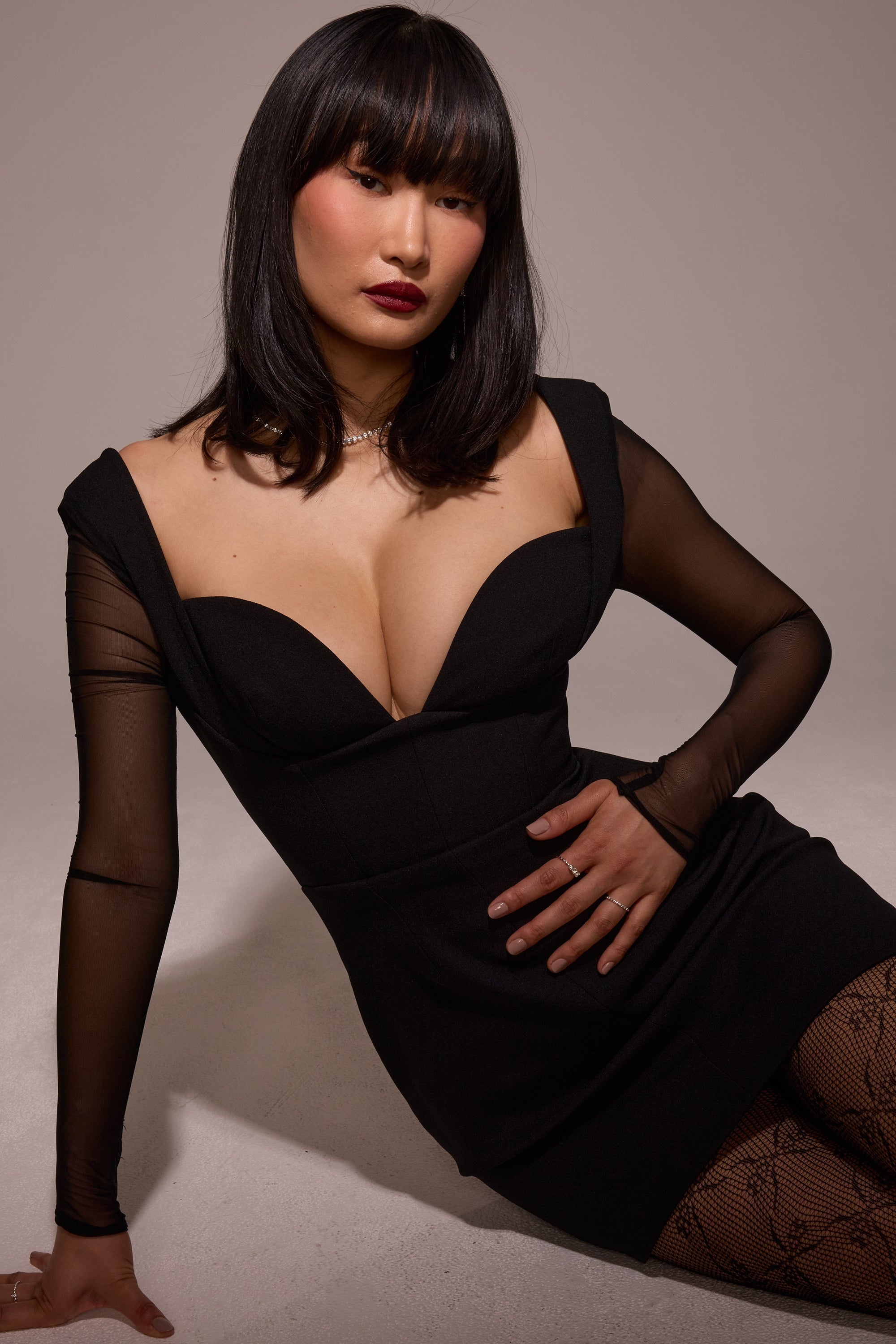 Angelie-Black Stretch Crepe Plunge Mini Dress