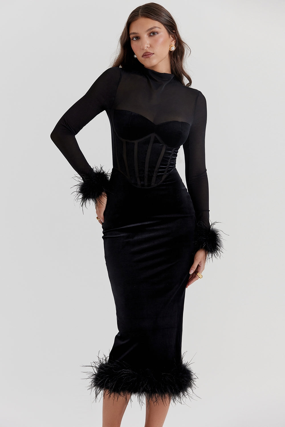Lianna-Black Velvet Midi Dress