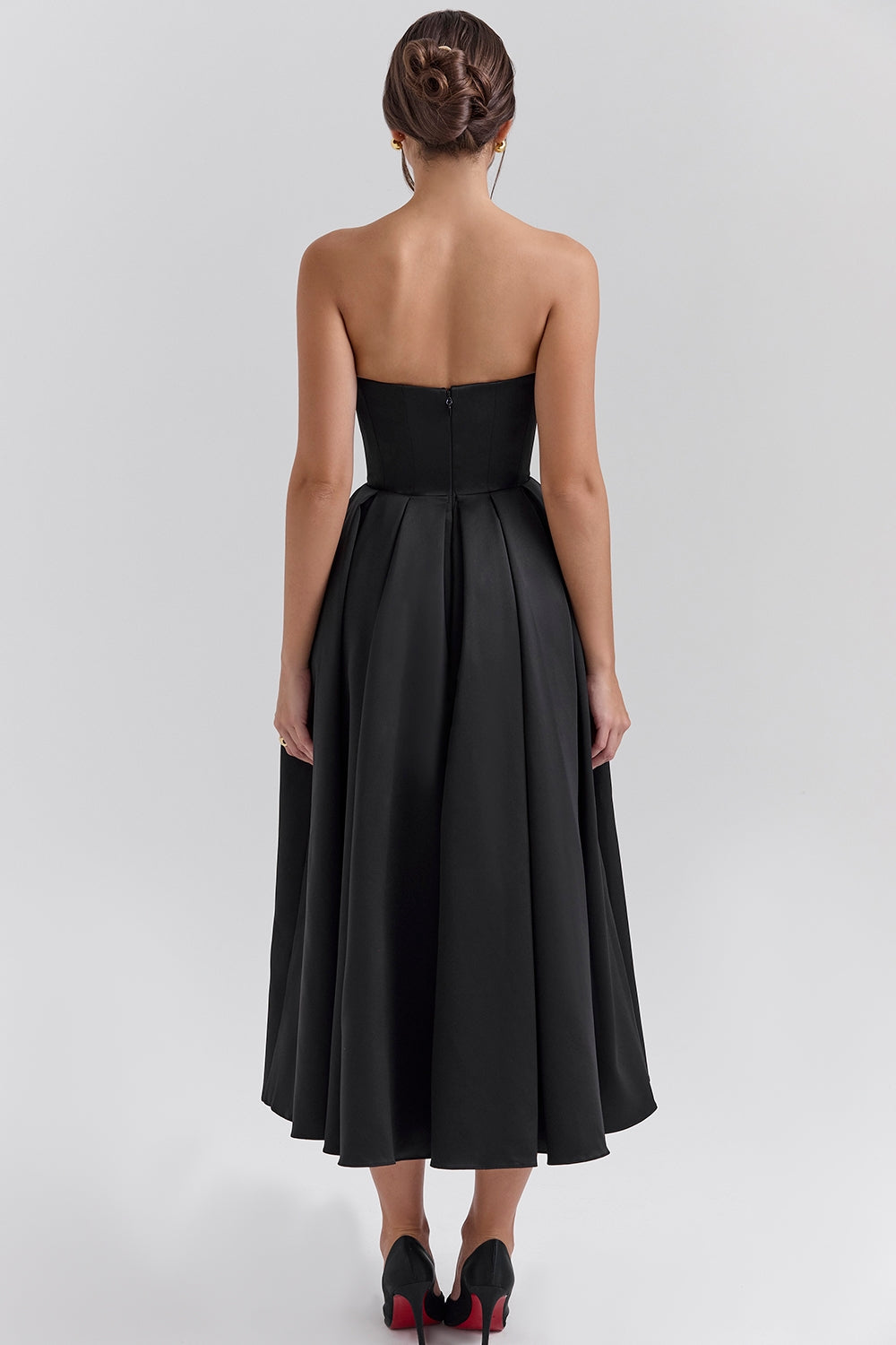 Contessa-Black Strapless Satin Corset Midi Dress - SALE