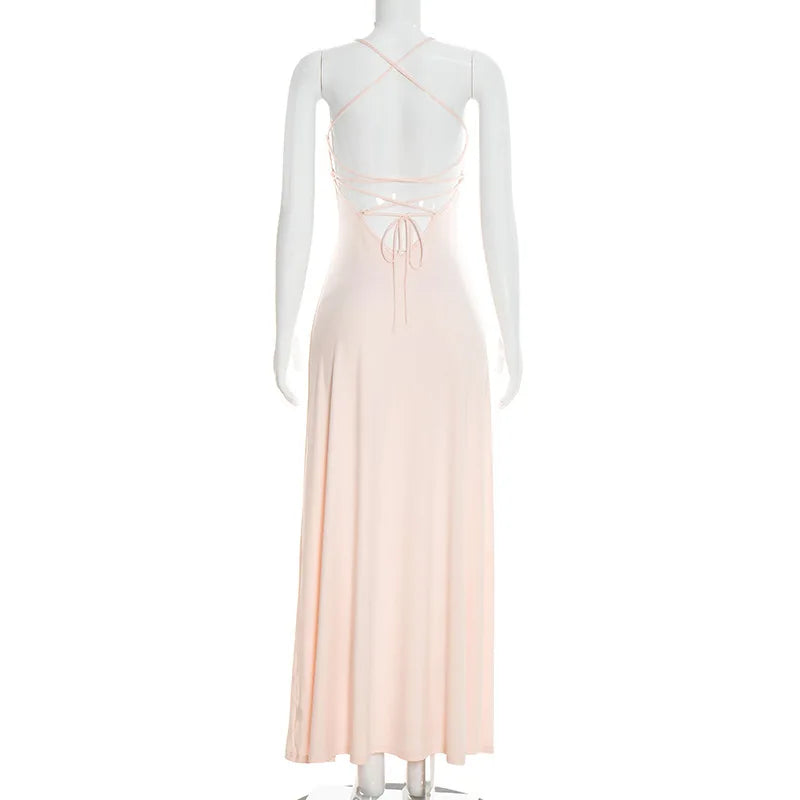 Pink Ruffle Back Tie Up Maxi Dress