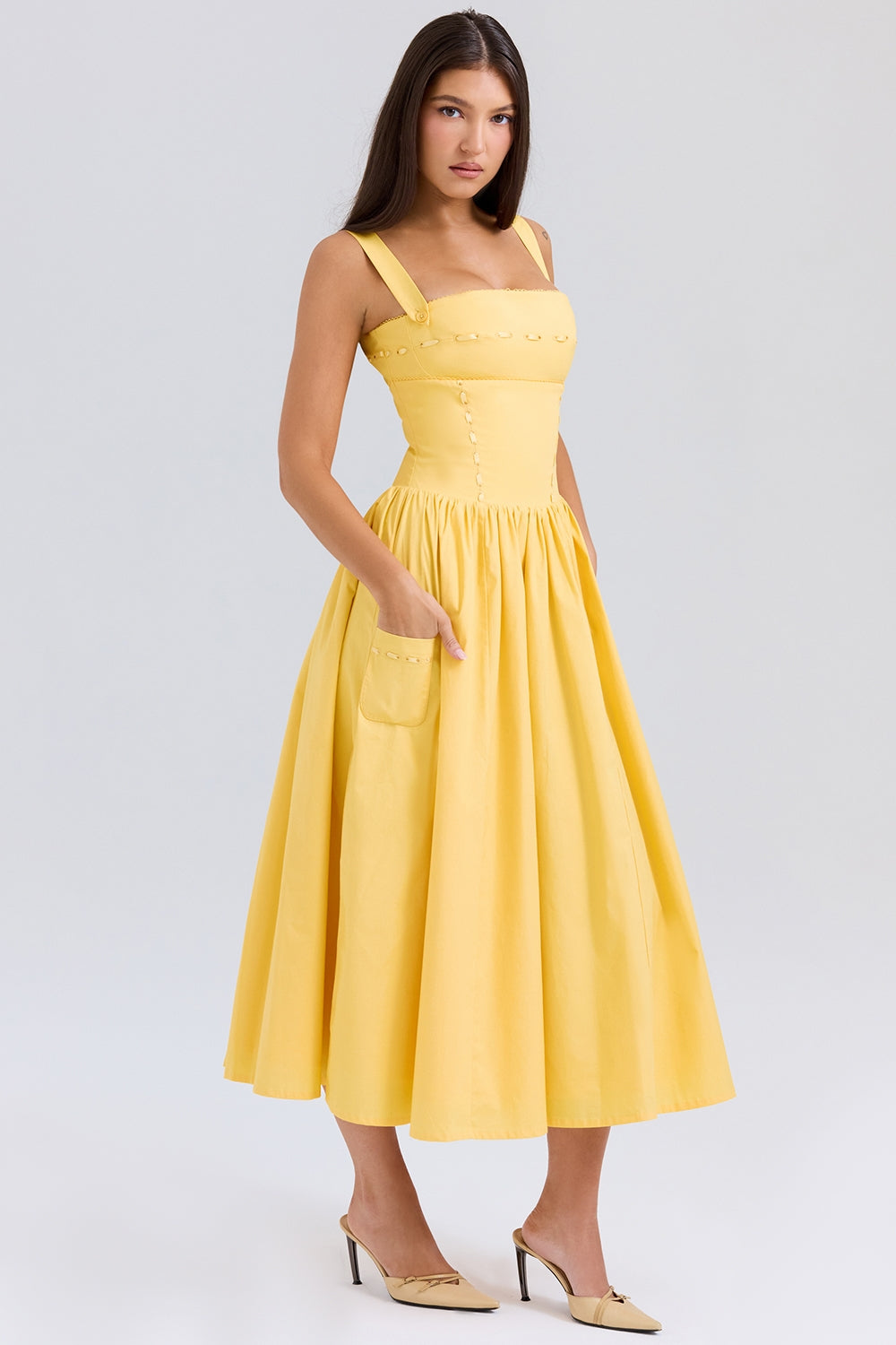 Vivien-Apricot Cotton Midi Sundress