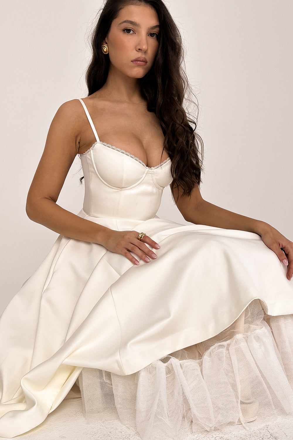 Mademoiselle-White Tulle Midi Dress