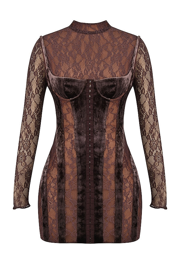 Marica-Brown Velvet & Lace Corset Dress