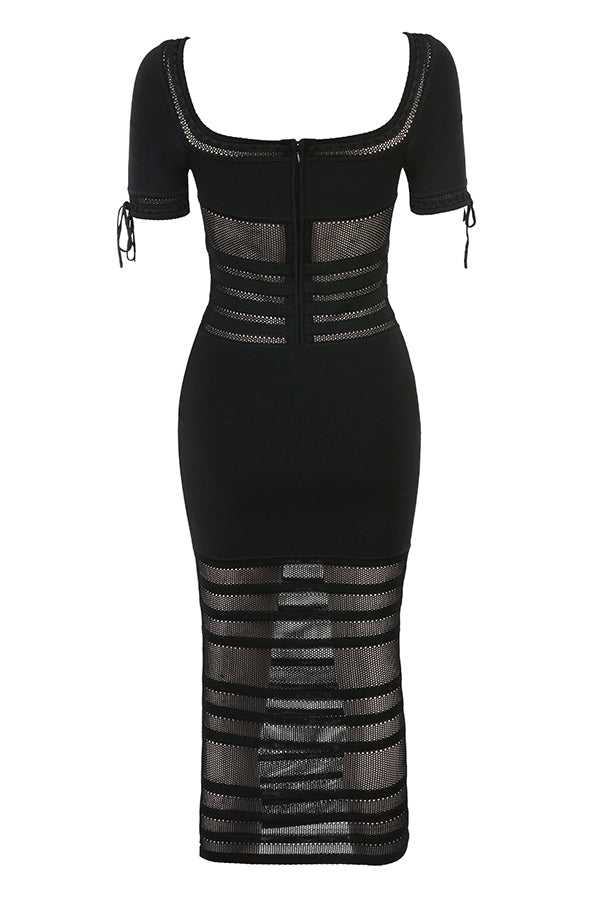 Lilla-Black Openwork Knit Midi Dress