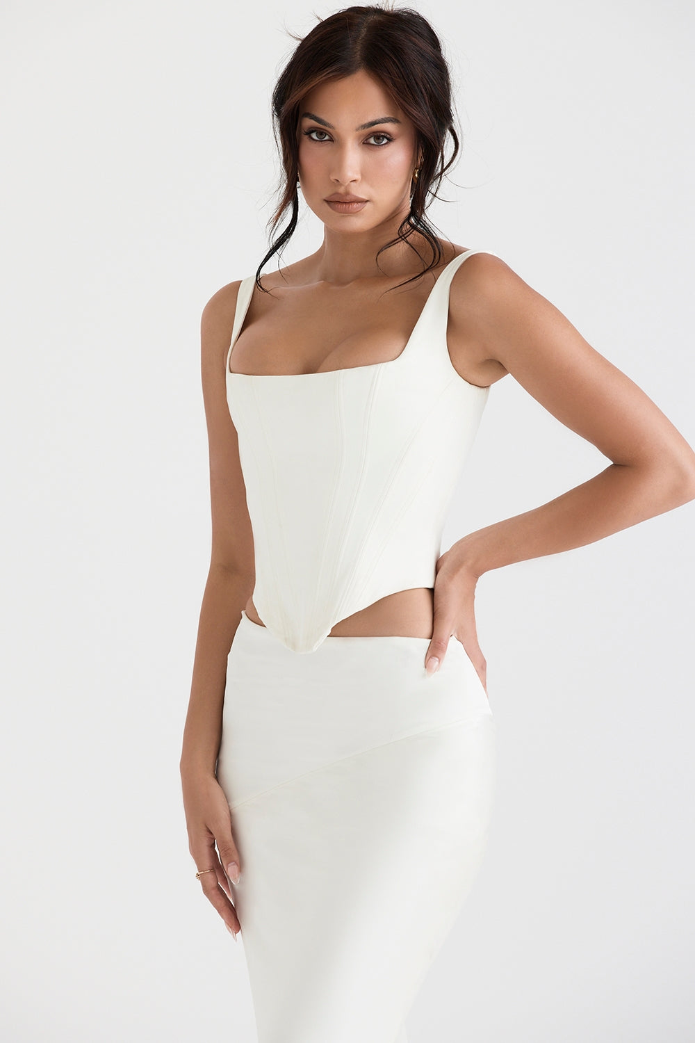 Rafa-Ivory Satin Longline Corset