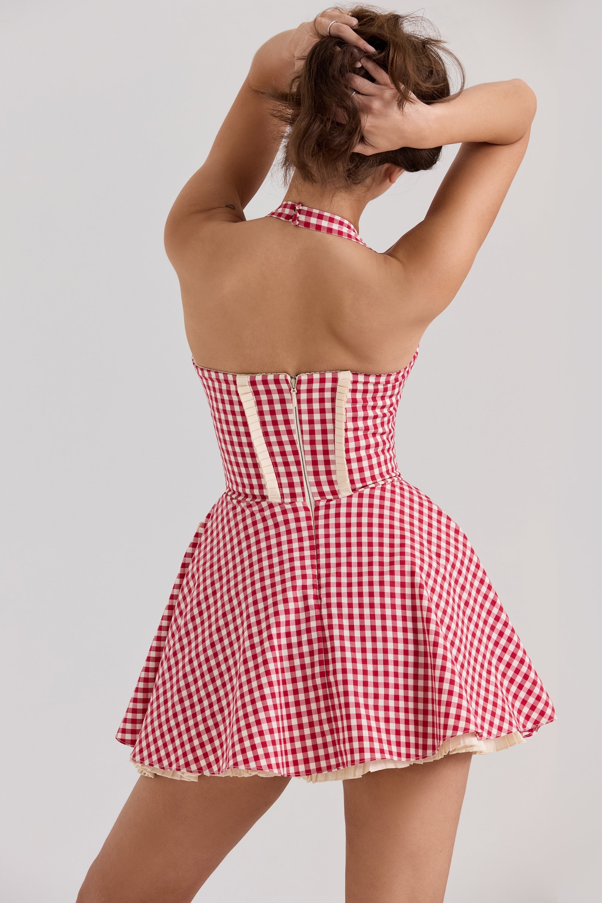 Heidi-Red Gingham Cotton Halter Neck Mini Dress