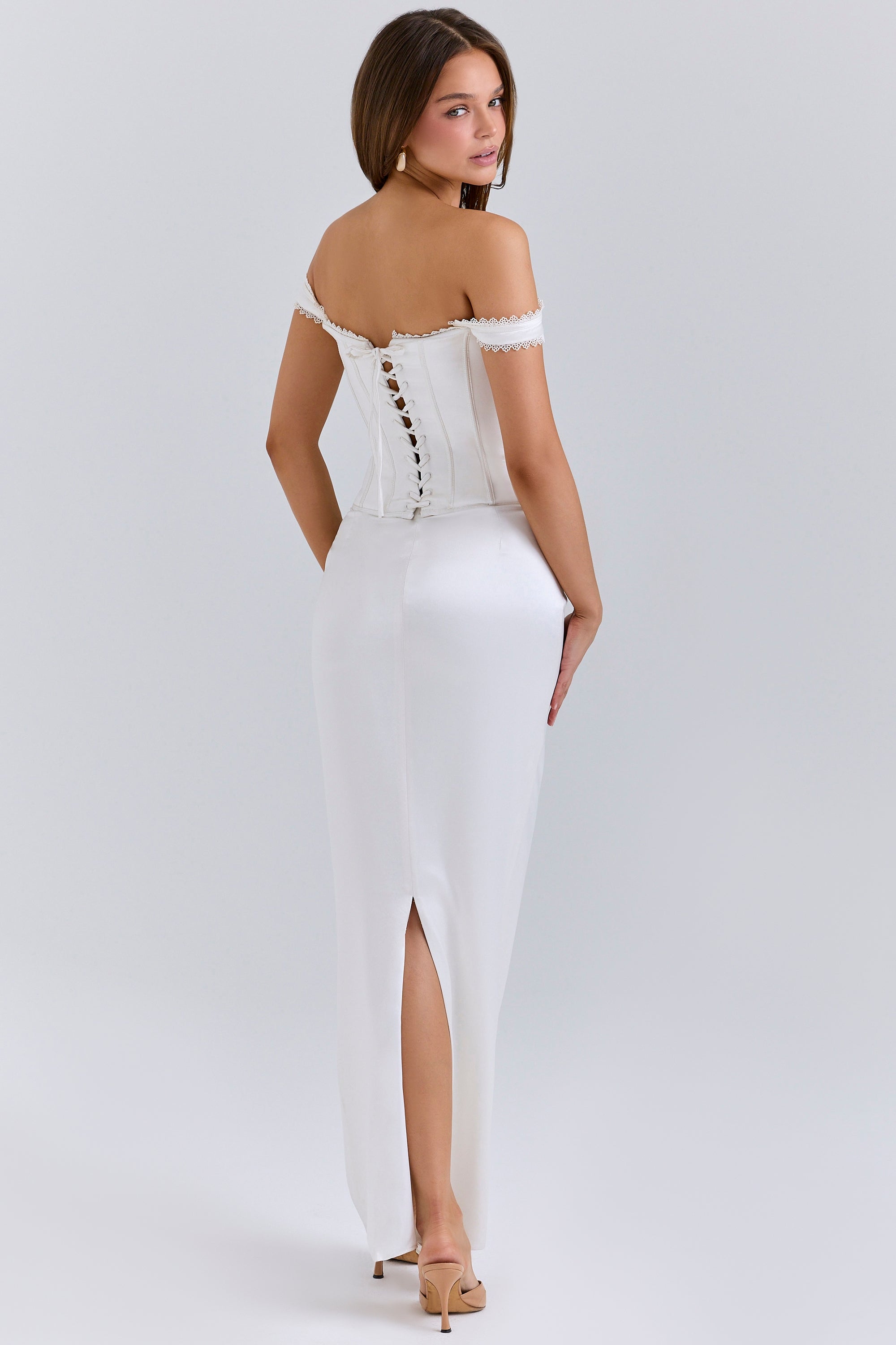 Isis-Ivory Satin Corset Maxi Dress