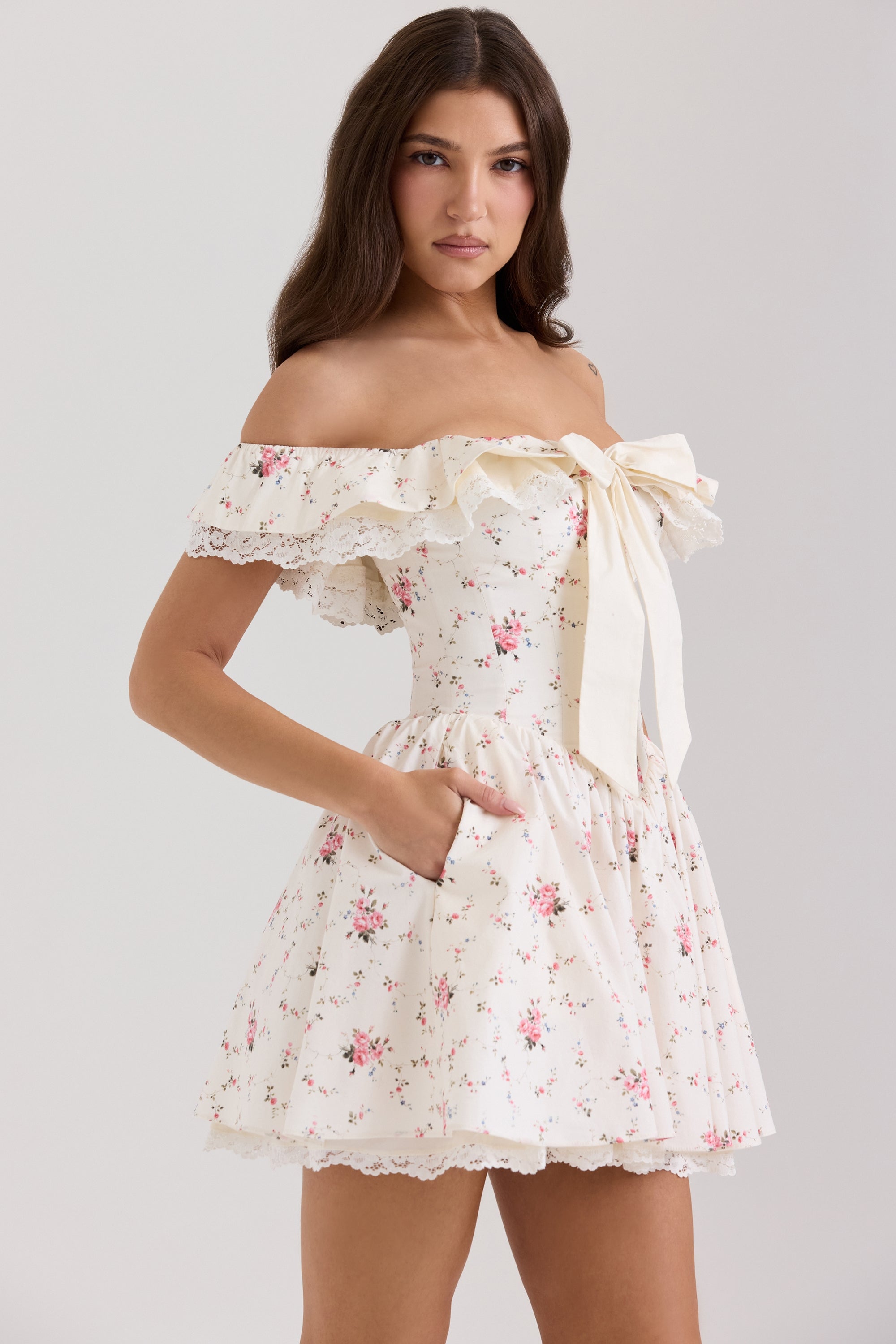 Jaide-Stretch Cotton Floral Print Off Shoulder Corset Mini Dress