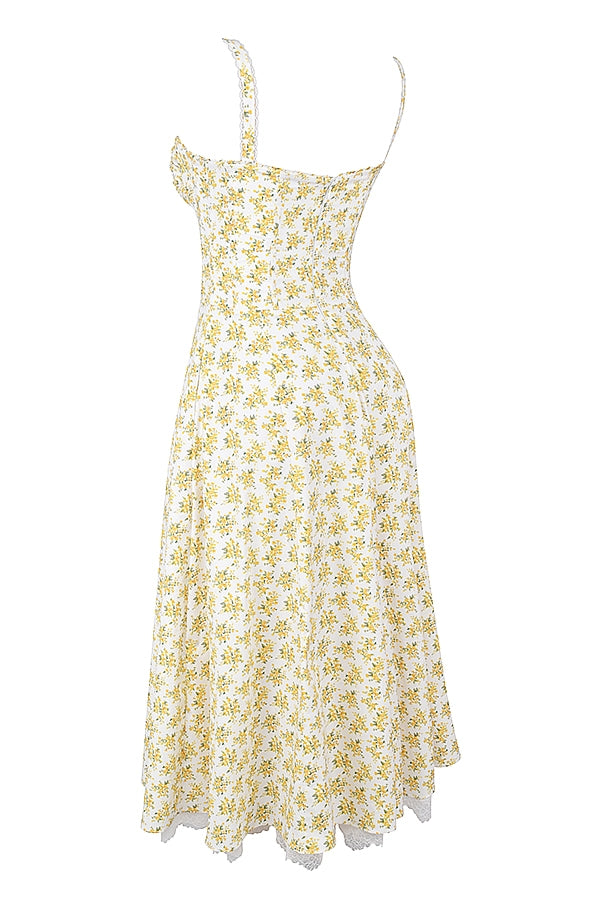 Rosalee-White Vintage Floral Print Cotton Bustier Sundress