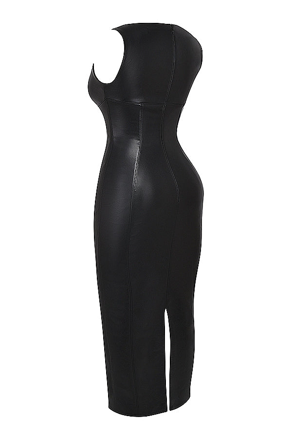 Sahara-Black Vegan Leather Maxi Dress