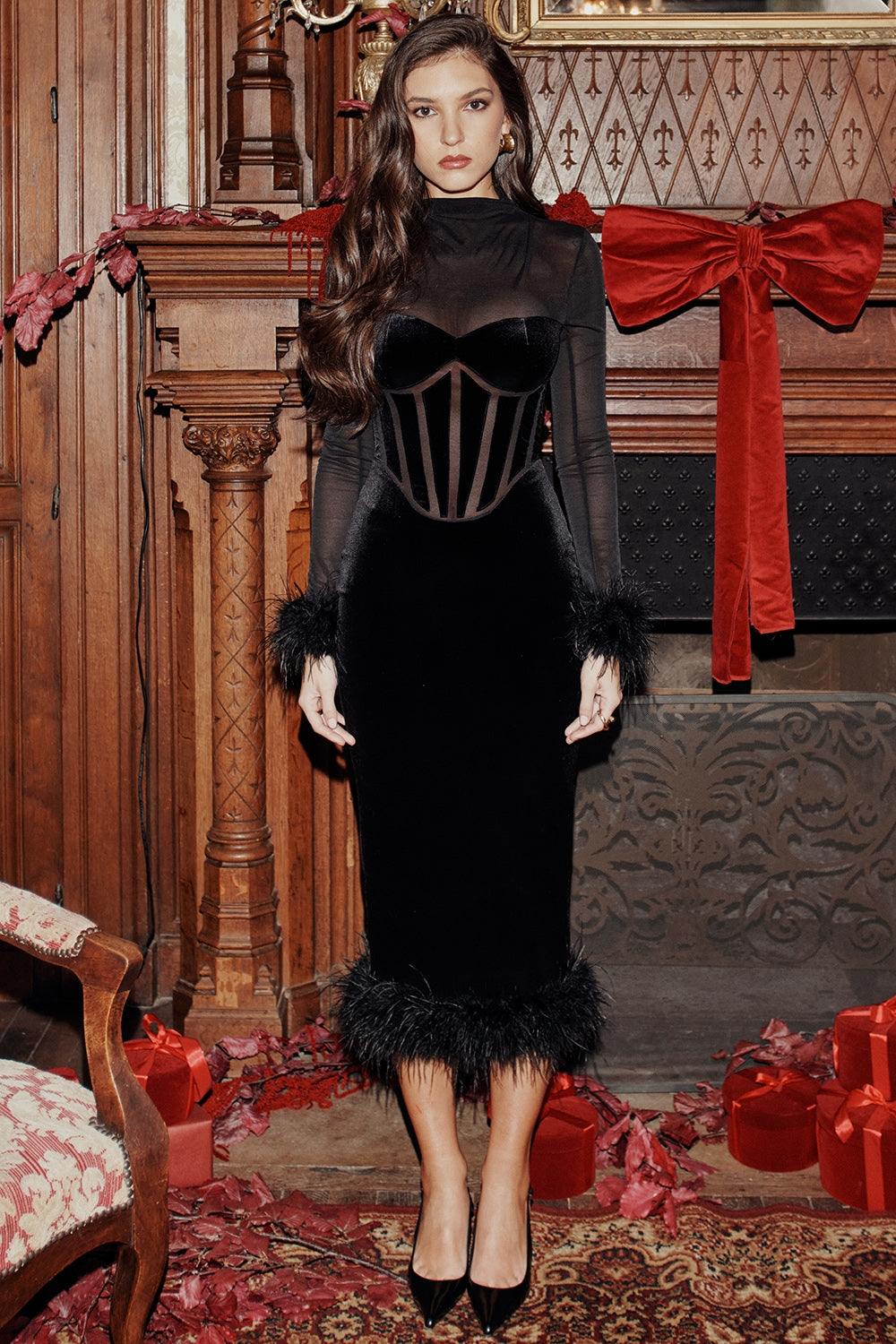 Lianna-Black Velvet Midi Dress