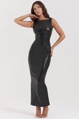 Sahara-Black Vegan Leather Maxi Dress