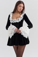 Czarina-Black Velvet Lace Trimmed Mini Dress - SALE