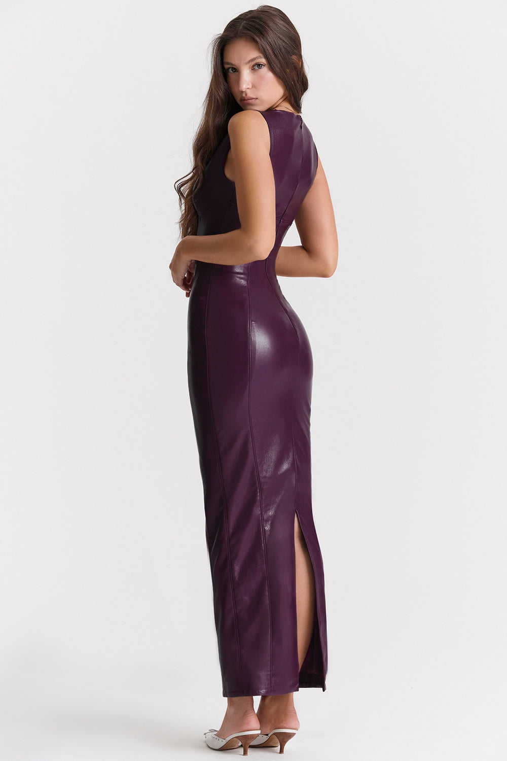 Sahara-Merlot Vegan Leather Maxi Dress