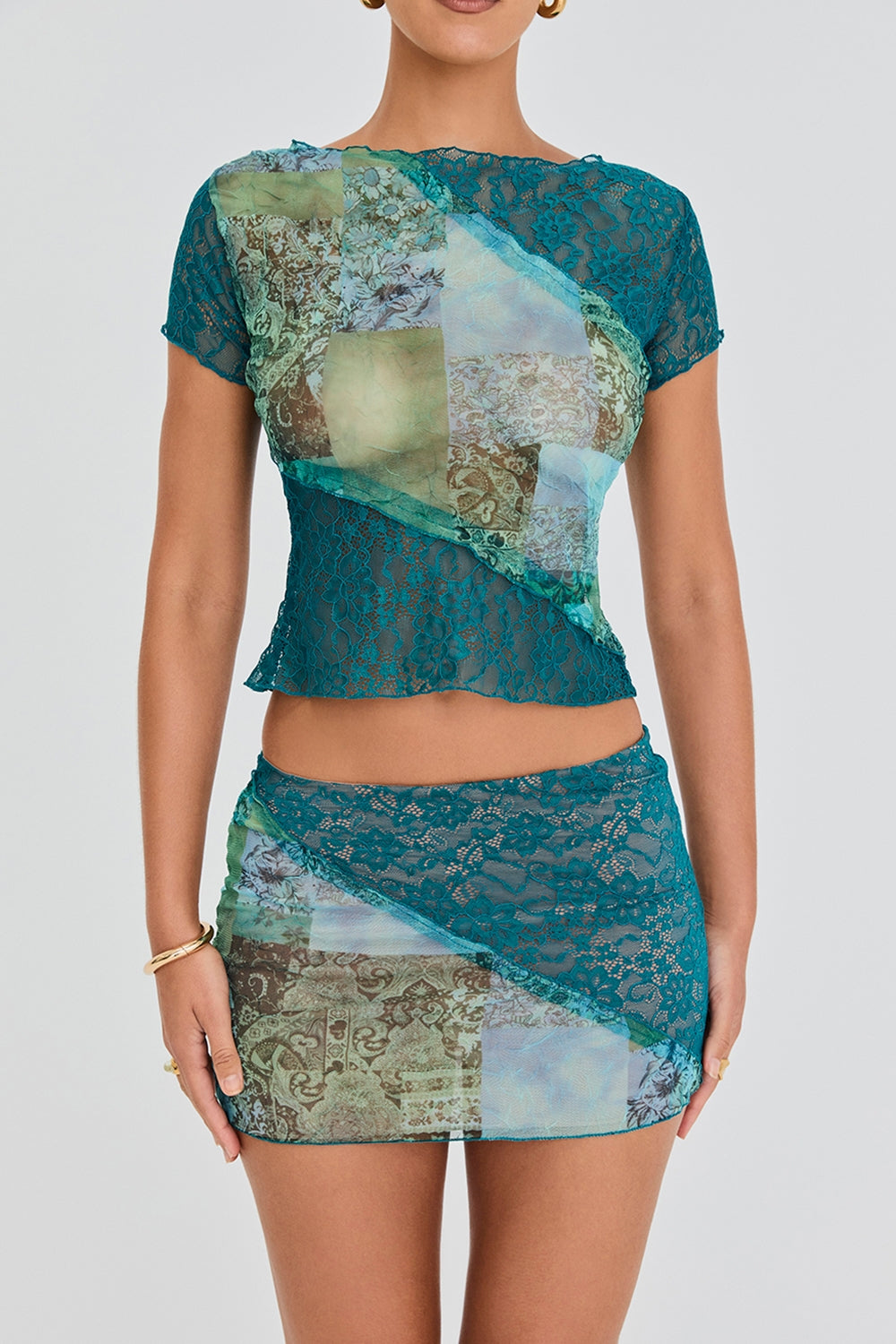 Mistress Rocks Ocean Teal Panelled Mini Skirt - SALE