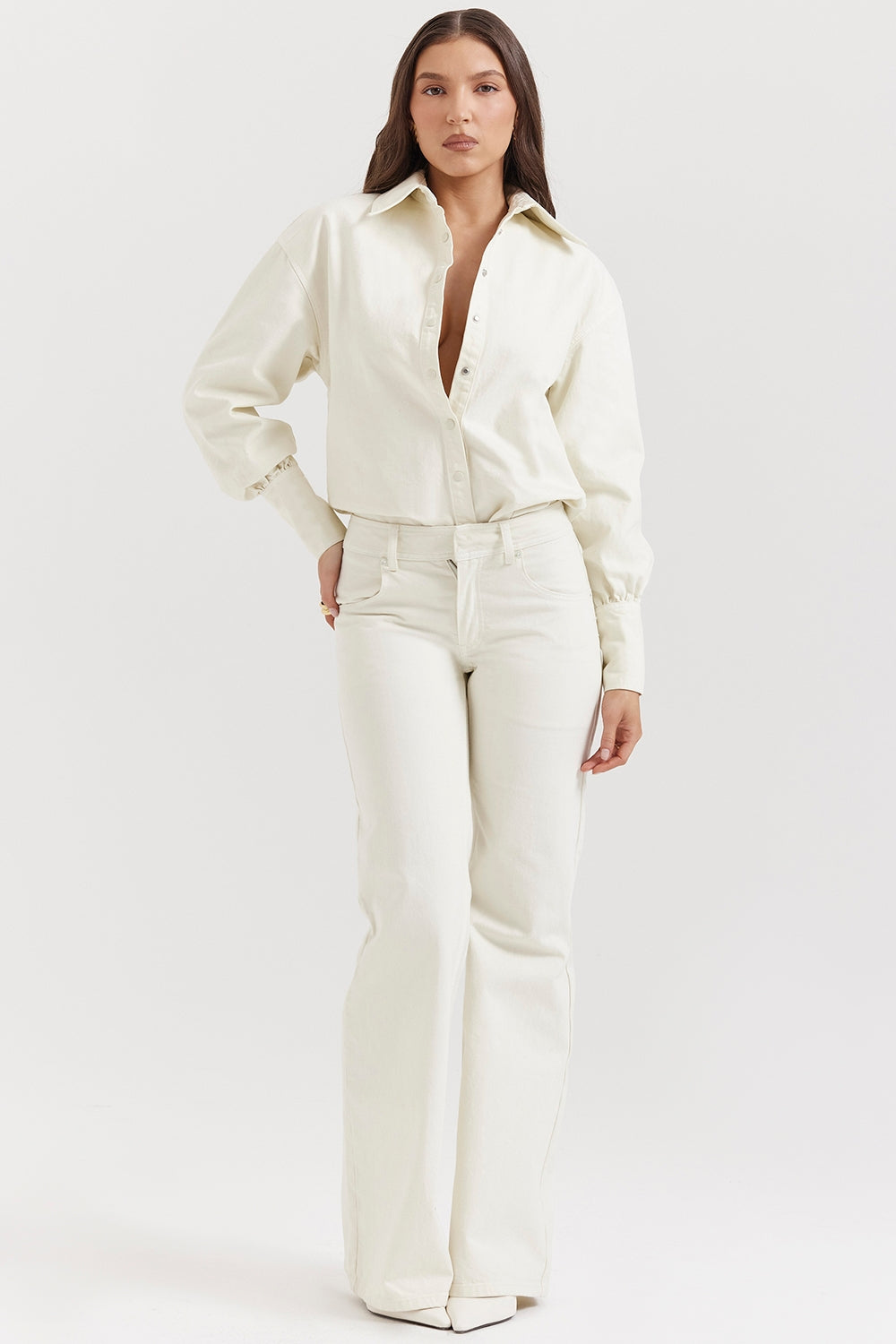 Marli-Ivory Wide Leg Flared Jeans