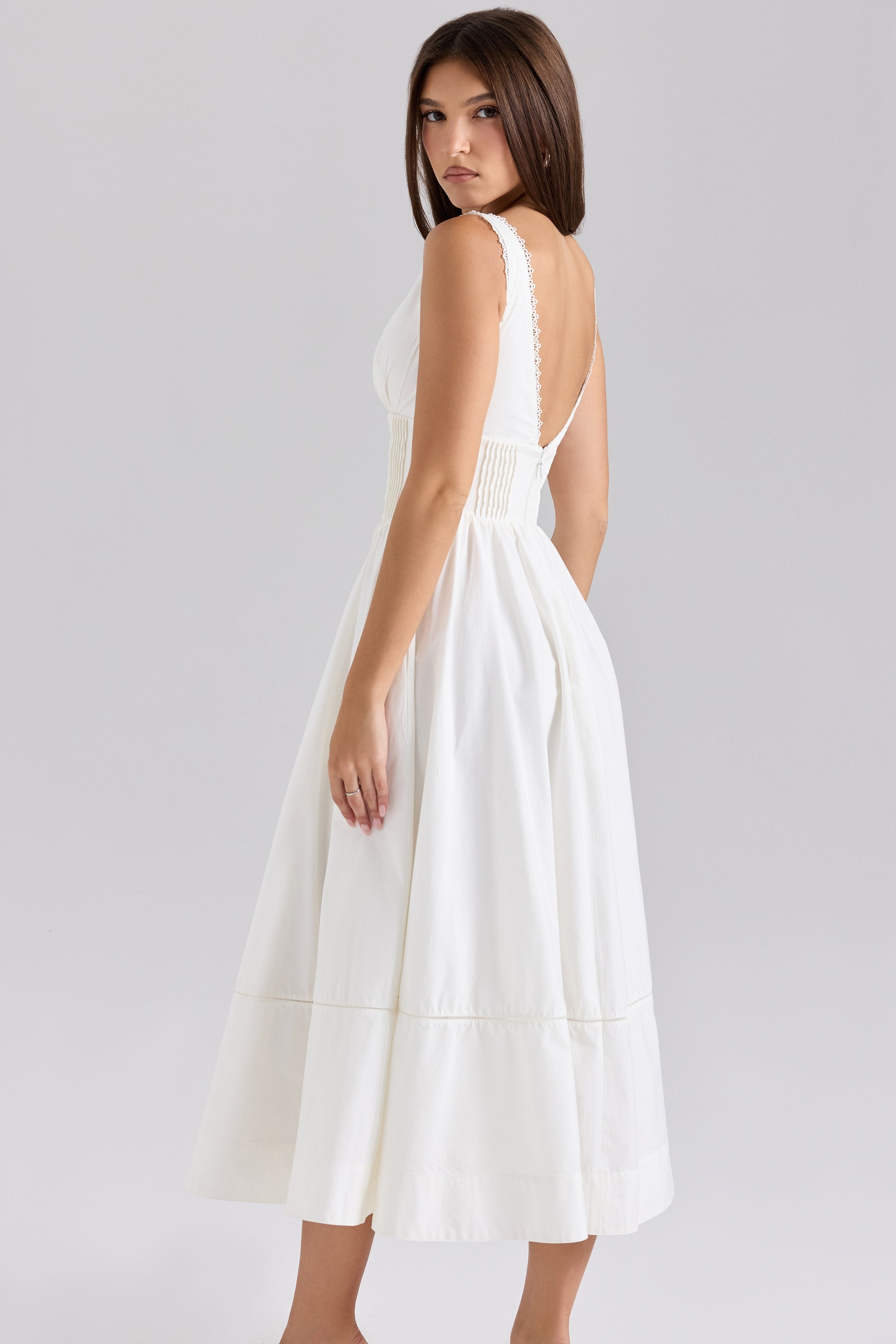 Samia-White Stretch Cotton Midi Sundress