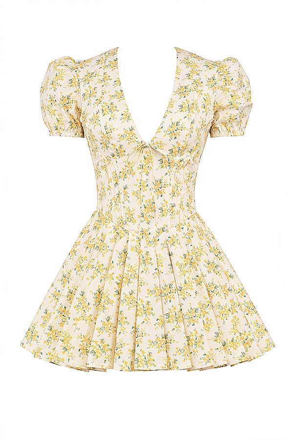 Imani-Buttercup Vintage Floral Print Pleated Cotton Mini Dress