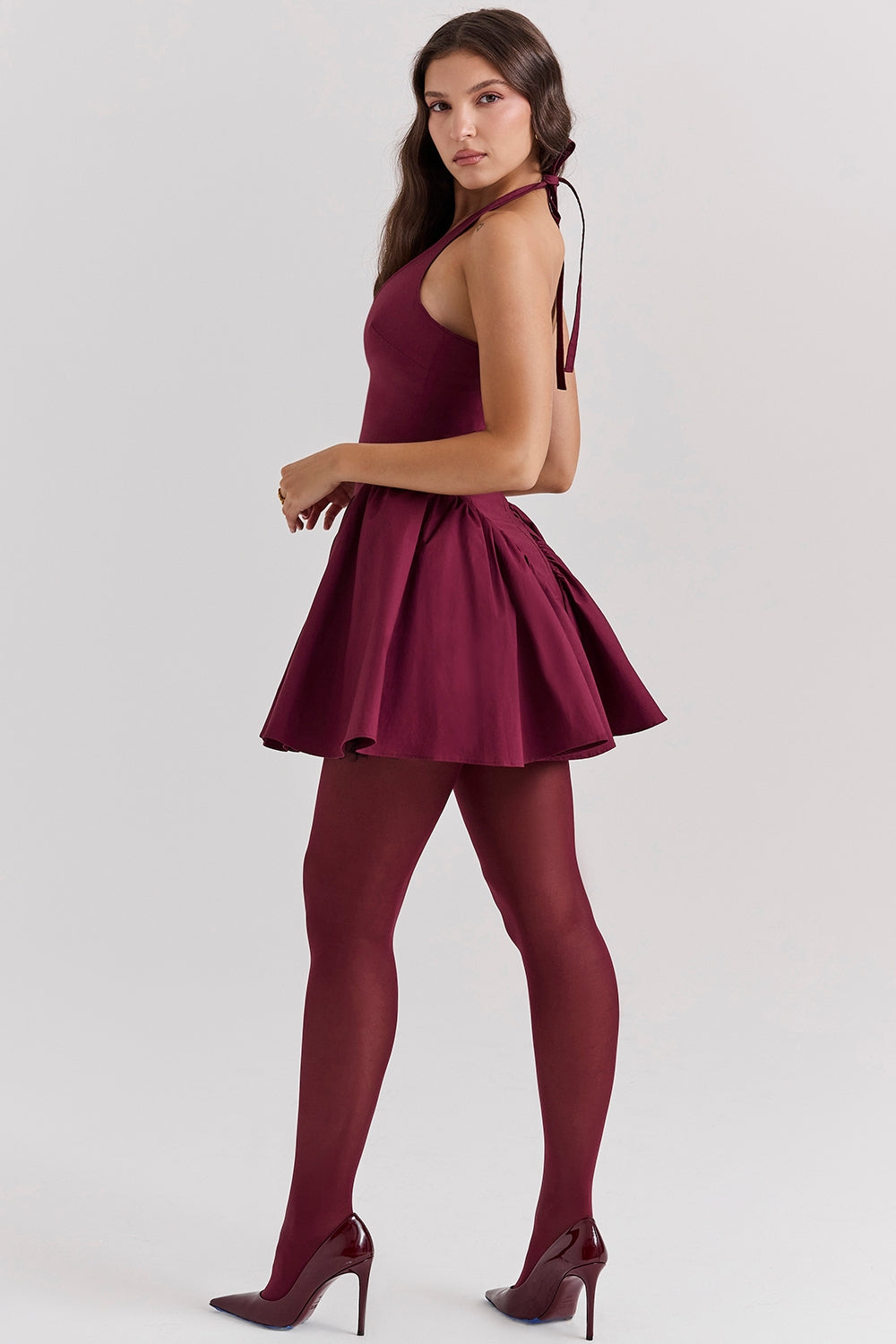 Valentia-Wine Halter Mini Dress