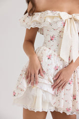 Jaide-Stretch Cotton Floral Print Off Shoulder Corset Mini Dress
