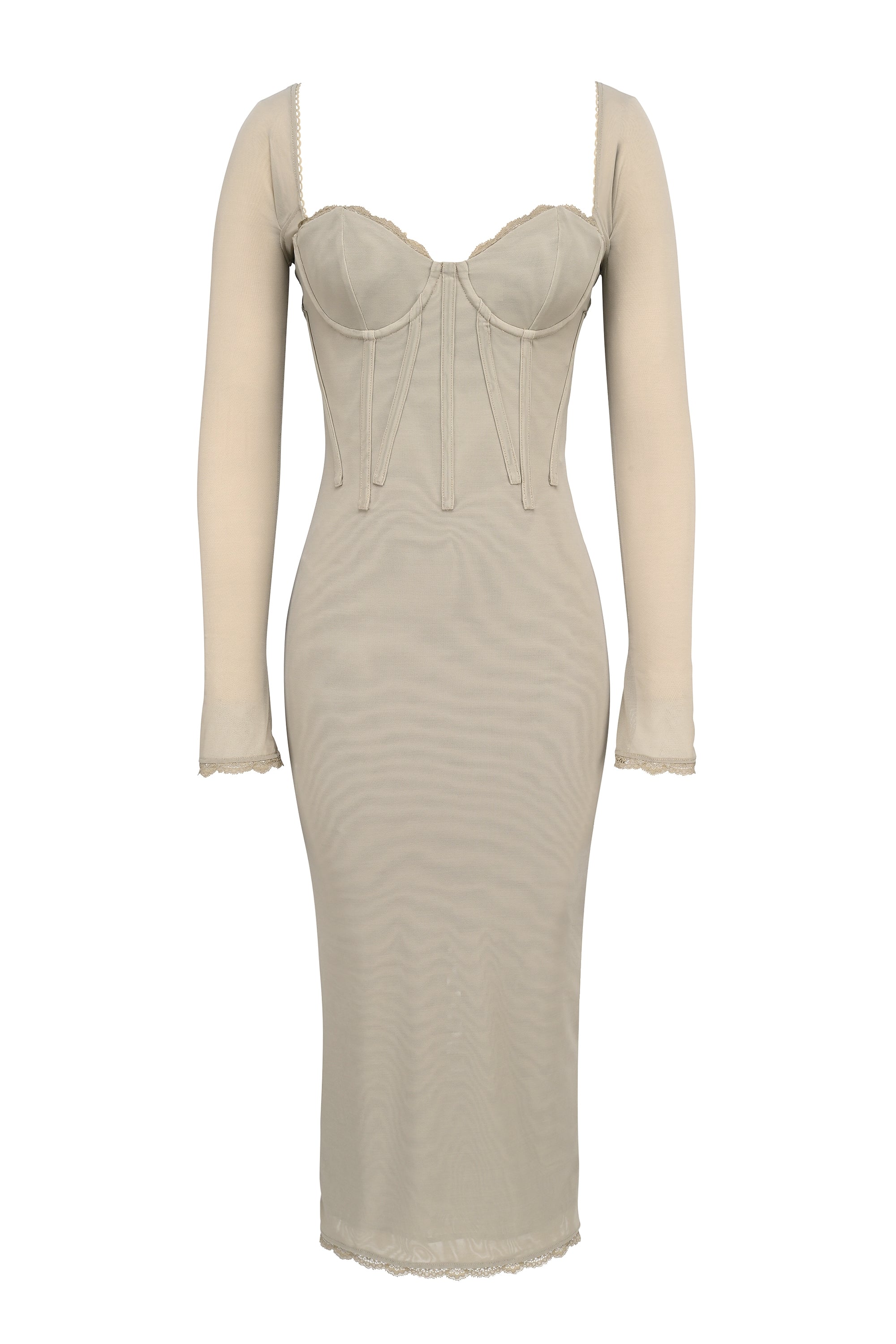 Saisha-Beige Mesh Long Sleeve Bodycon Midi Dress