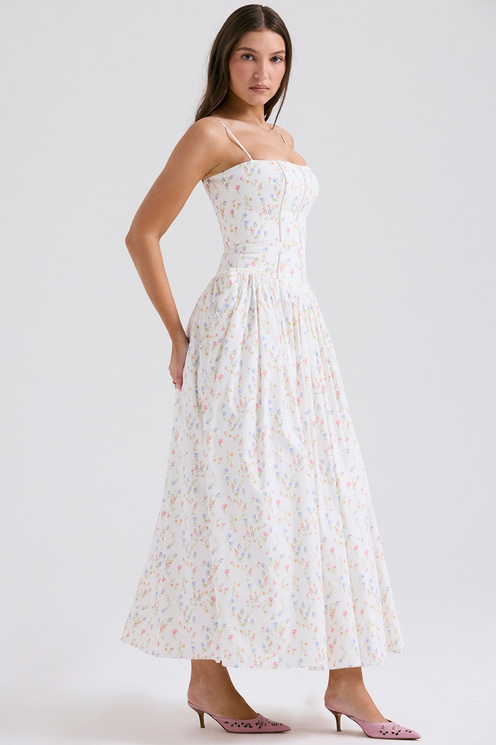 Ysabella-White Posy Print Cotton Maxi Sundress