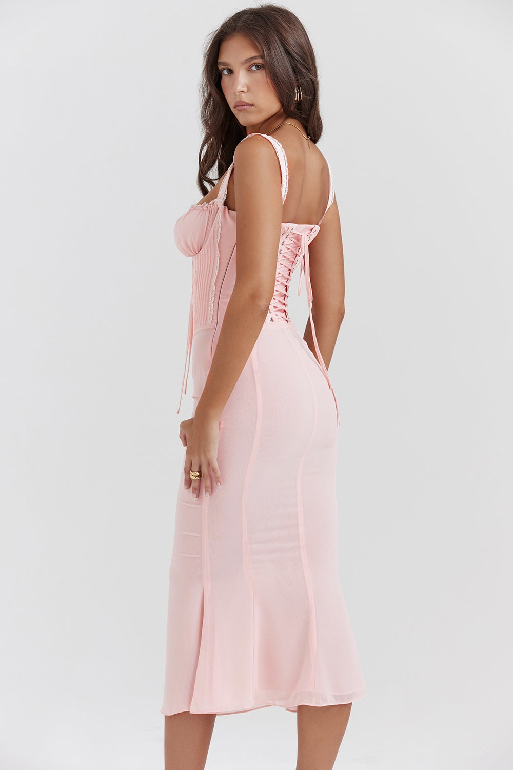 Syrah-Soft Peach Lace Back Midi Dress