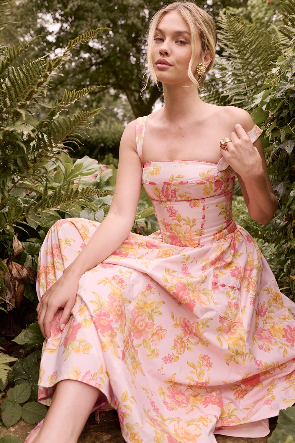 Vivien-Peach Poppy Print Cotton Midi Sundress