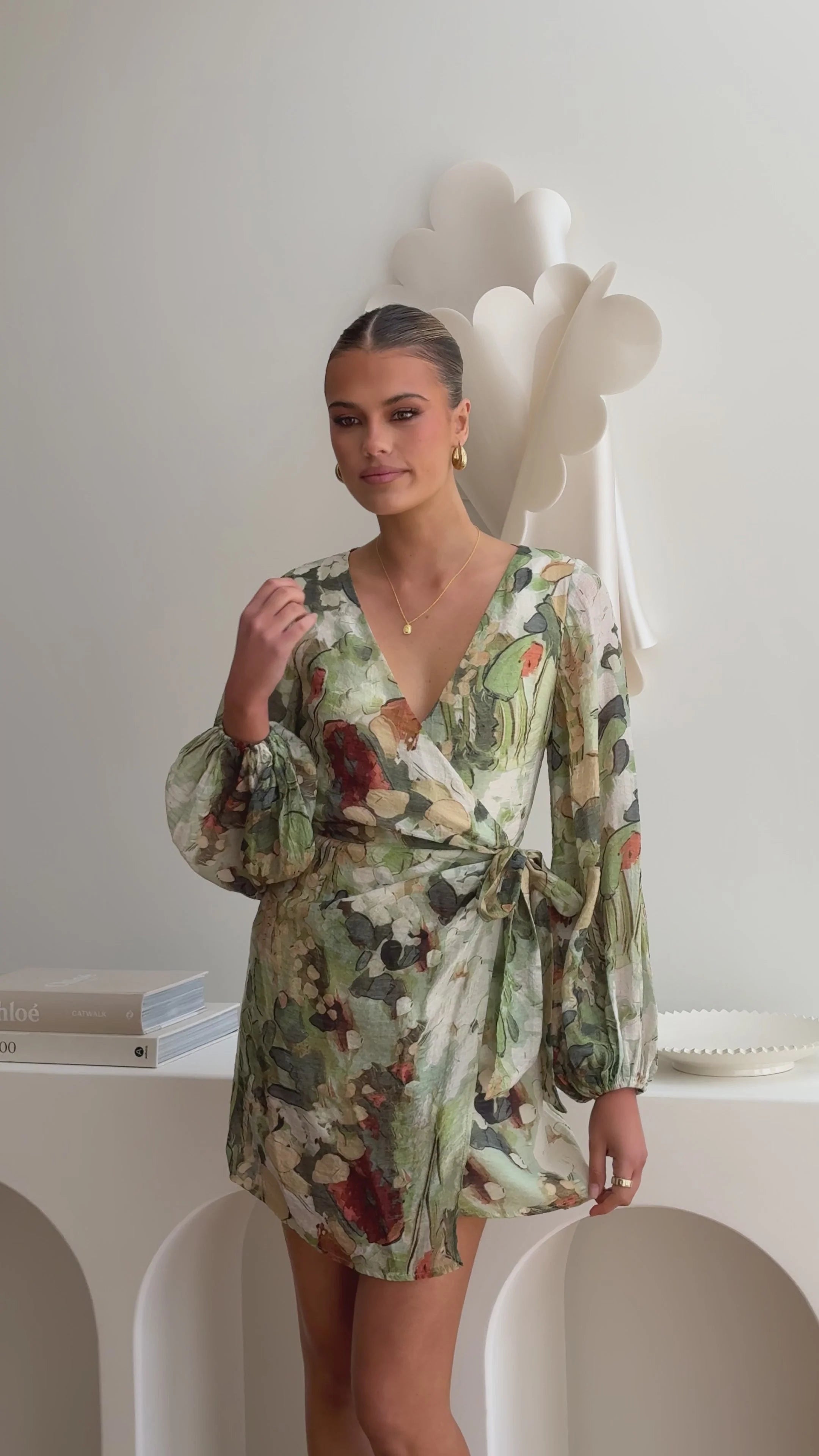 Jemma Long Sleeve Mini Dress - Green Abstract