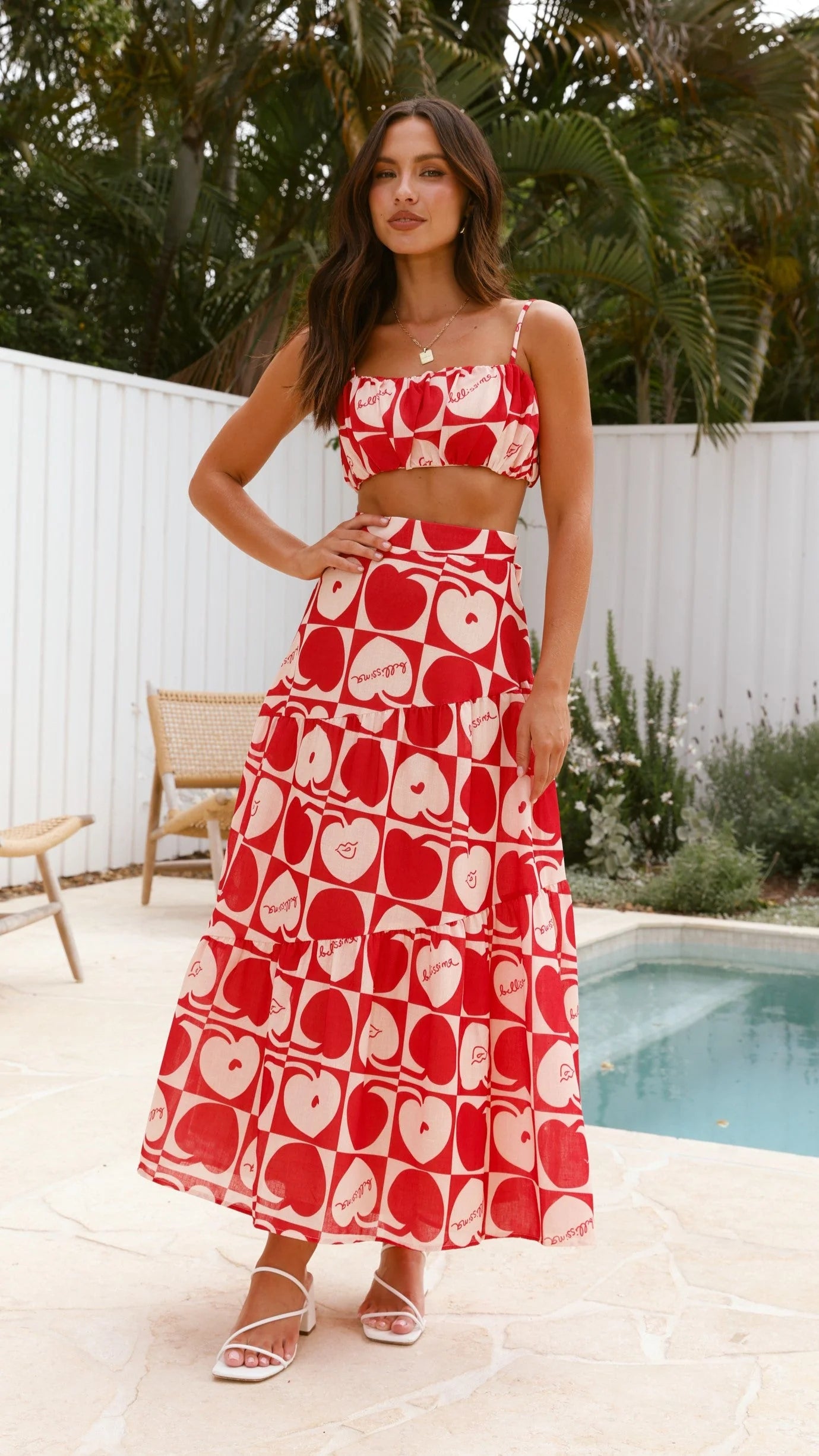 Saraya Top and Skirt Set - Red / White