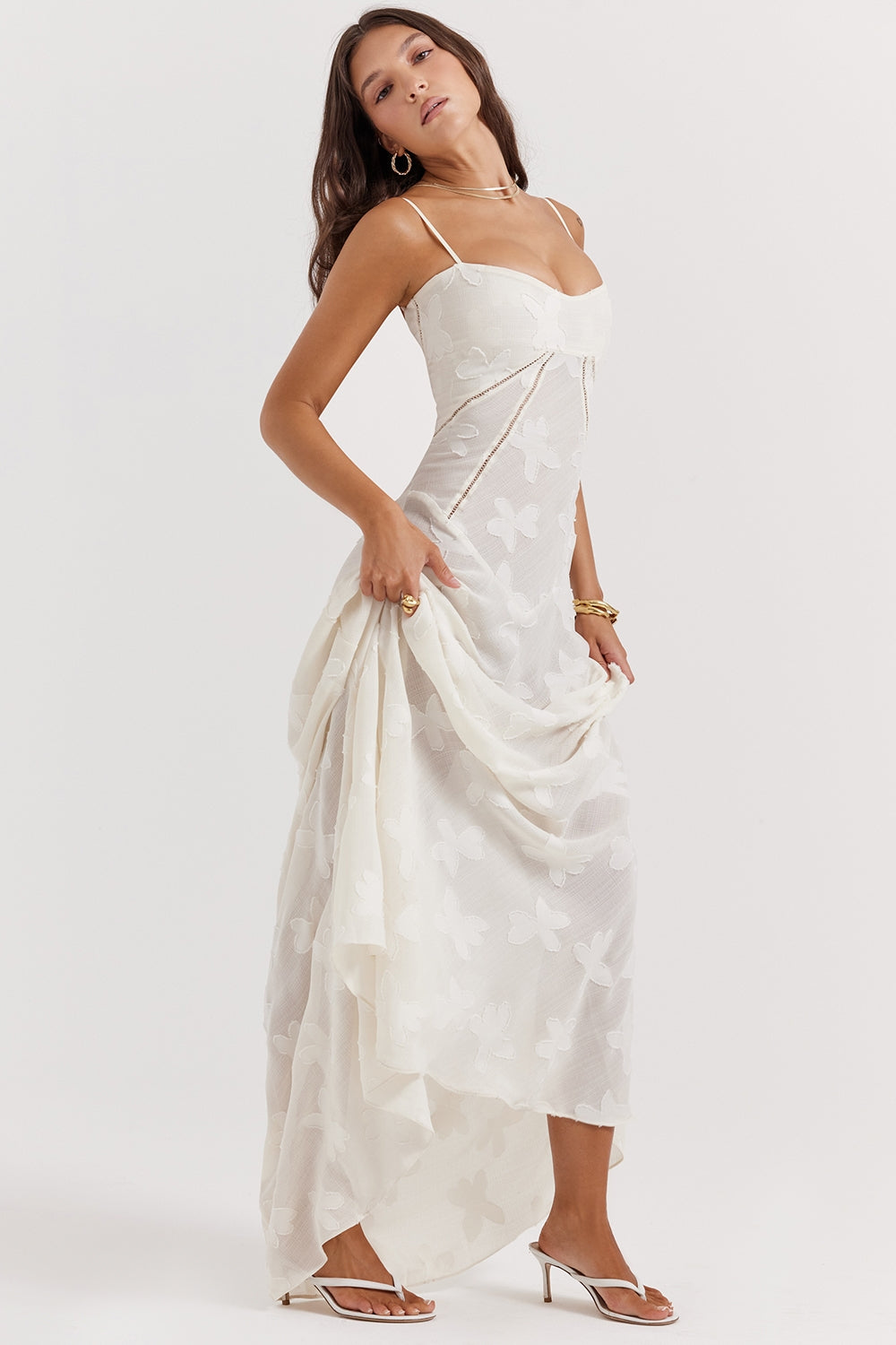 Seren-Vintage Cream Floral Lace Back Maxi Dress