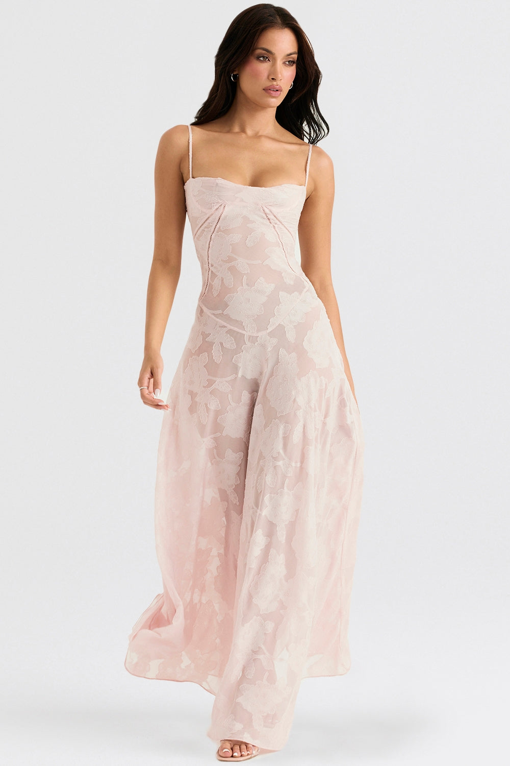 Seren-Soft Pink Floral Lace Back Maxi Dress