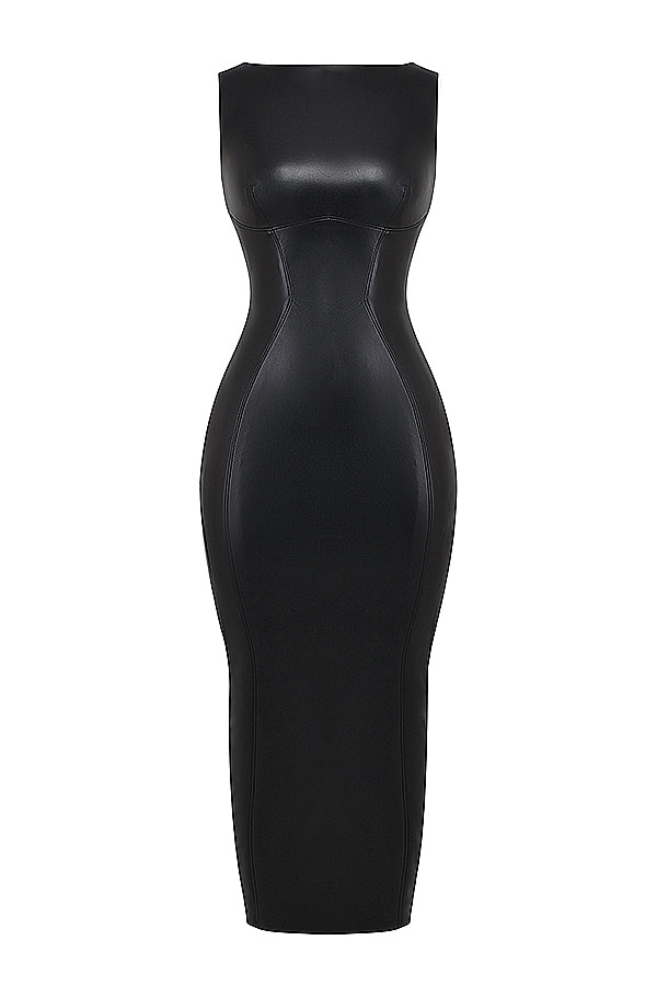 Sahara-Black Vegan Leather Maxi Dress