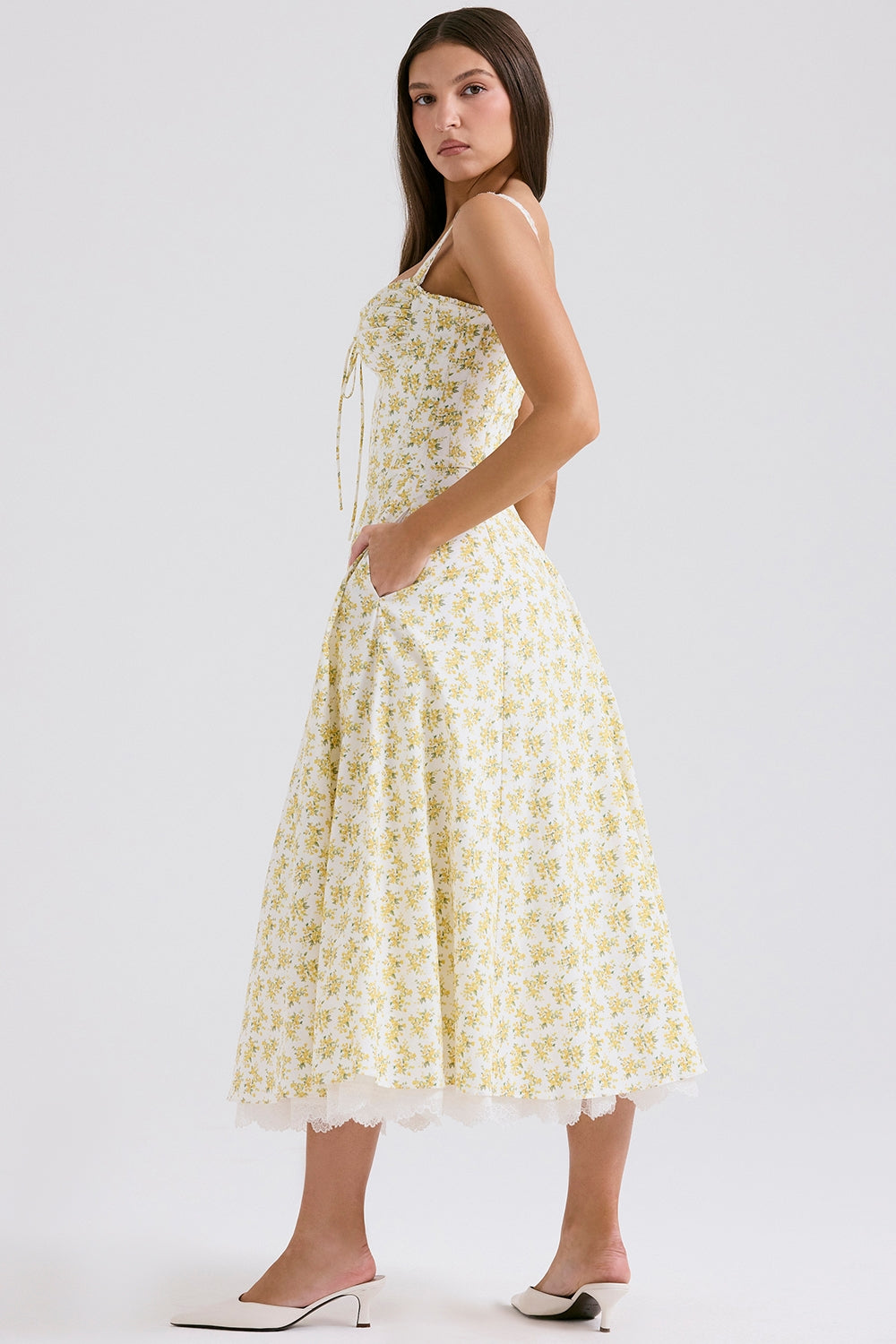 Rosalee-White Vintage Floral Print Cotton Bustier Sundress