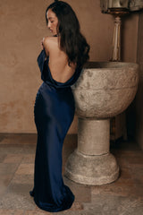 Safaira-Navy Satin Draped Cowl Neck Maxi Dress