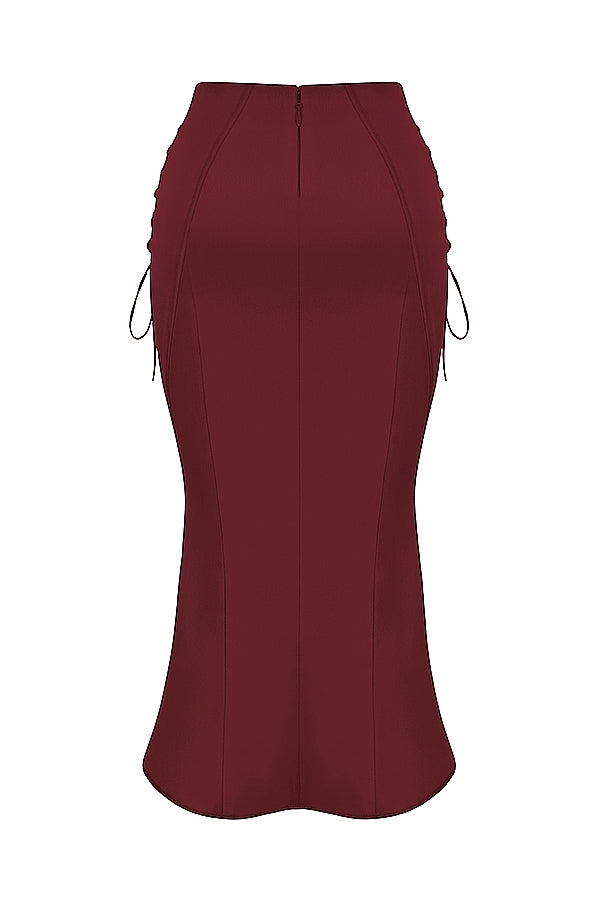 Sidonie-Wine Satin Lace Up Midi Skirt