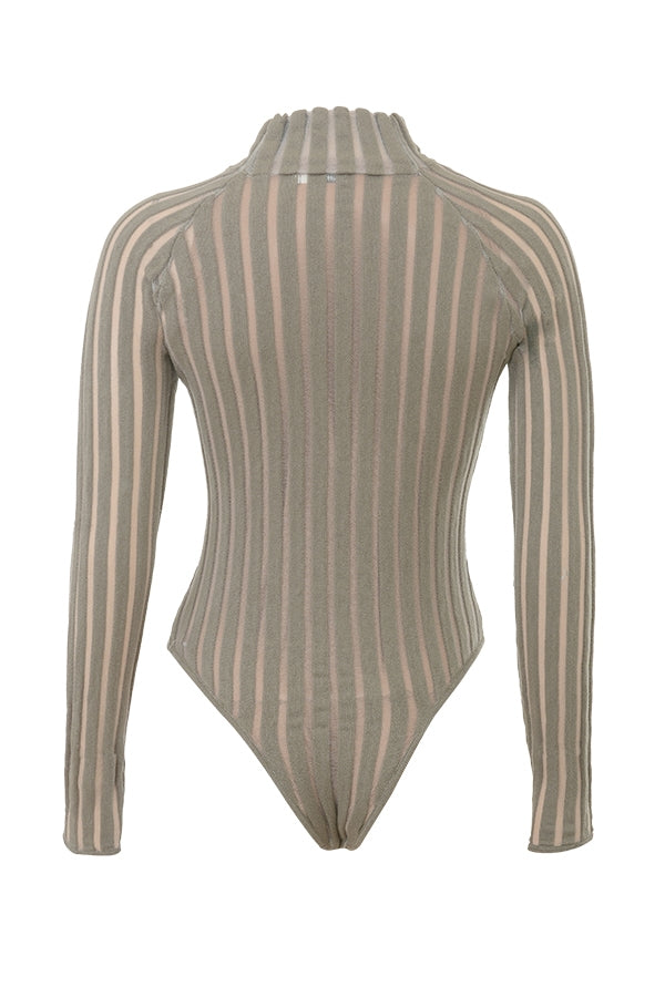 Rowena-Grey Velour Sheer Striped Bodysuit